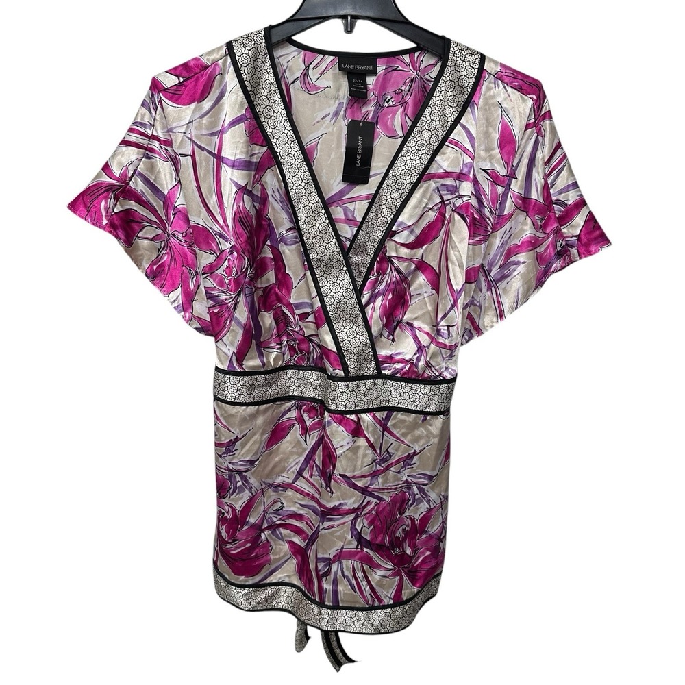 Lane Bryant Blouse Women 22/24 Pink Beige Black Floral Top Tie Back Short Sleeve